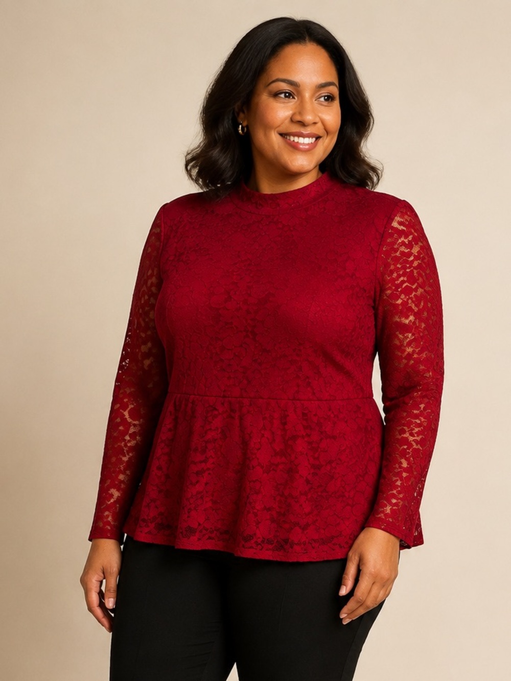 Lane Bryant Burgundy Floral Lace Peplum Top Mock Neck Long Sleeve Size 14/16